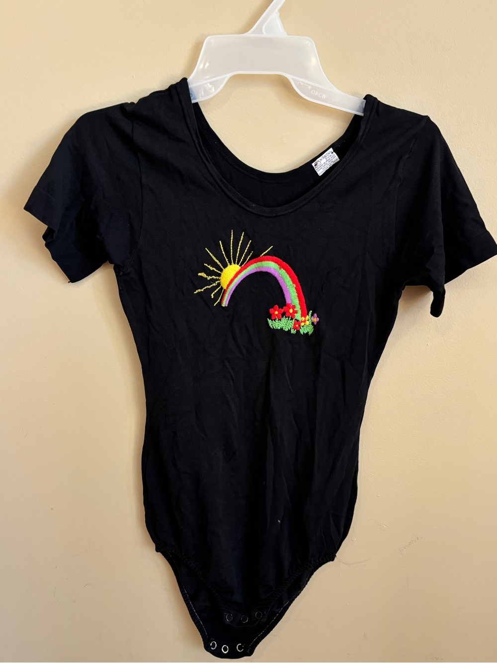 Vintage 90s Danskin Black Rainbow Embroidered Bodysuit Leotard Size S